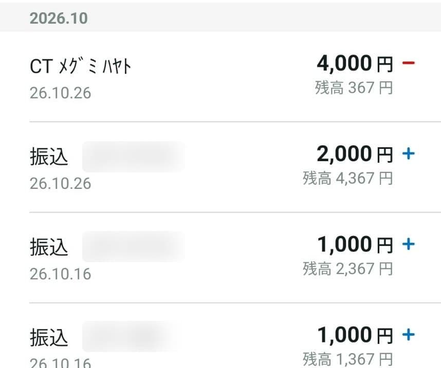 募金用口座の明細。10月16日に1,000円の入金が2件、10月26日に2,000円の入金と4,000円の引き出し、残高367円